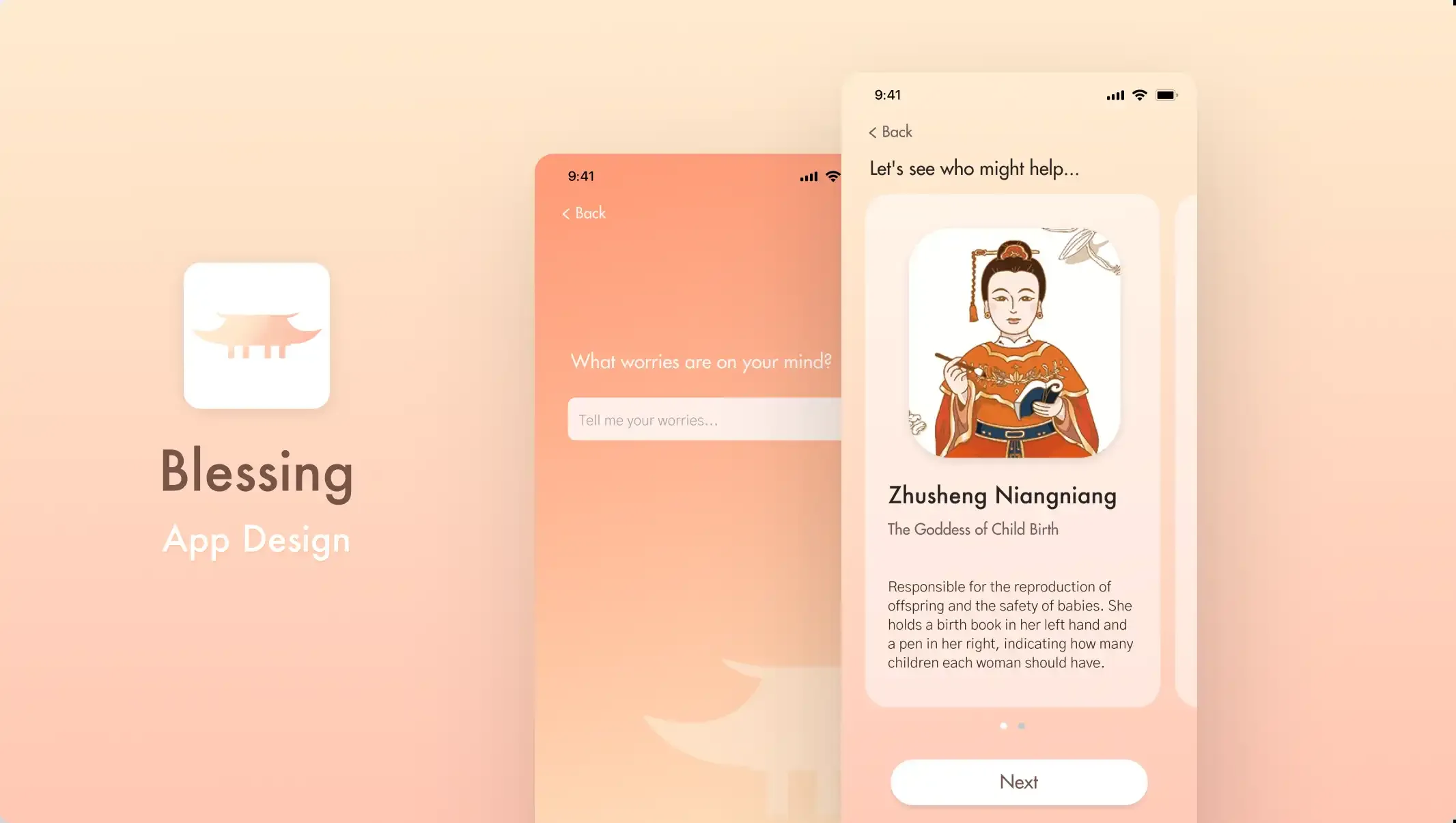 Blessing App Design — 三支手機展示引導式廟宇旅程的畫面