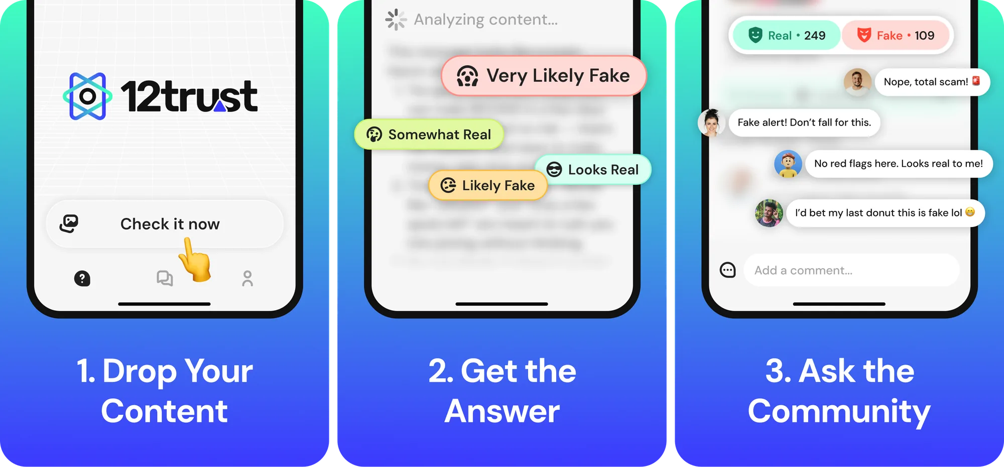 12trust 的三步流程:Drop Your Content、Get the Answer、Ask the Community