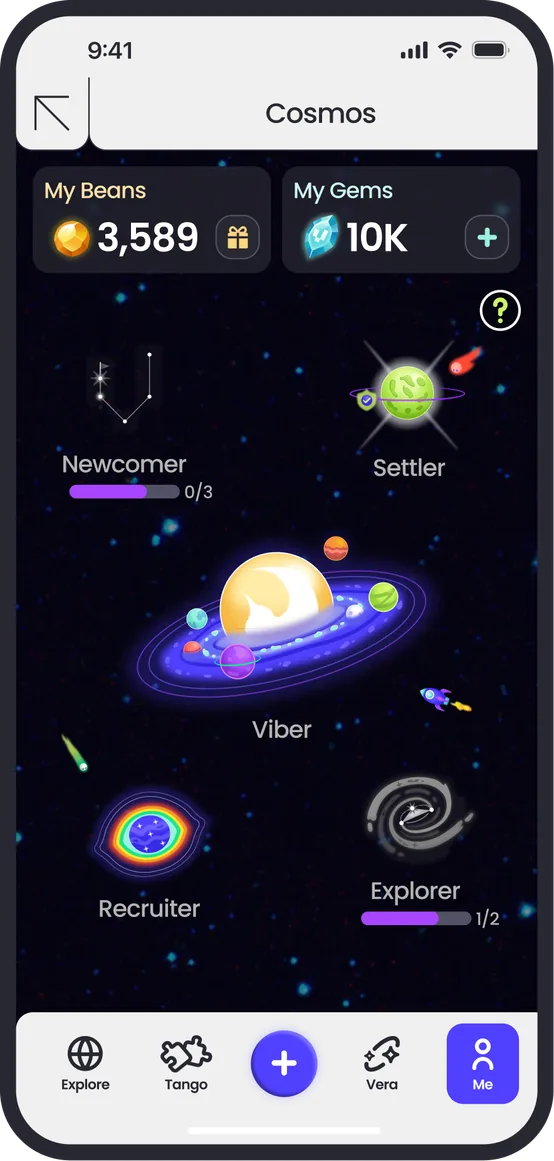 Cosmos 星系總覽畫面:Newcomer、Settler、Recruiter、Explorer 四個星球徽章與進度