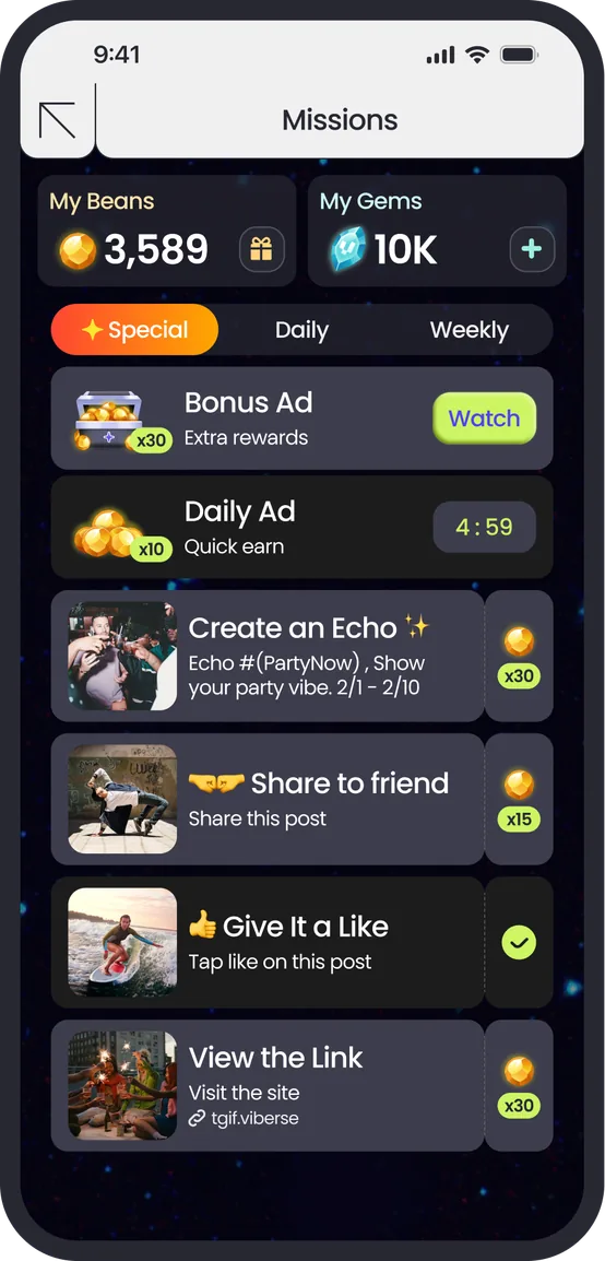 Missions 任務清單畫面:Special/Daily/Weekly 分類與可領取的獎勵