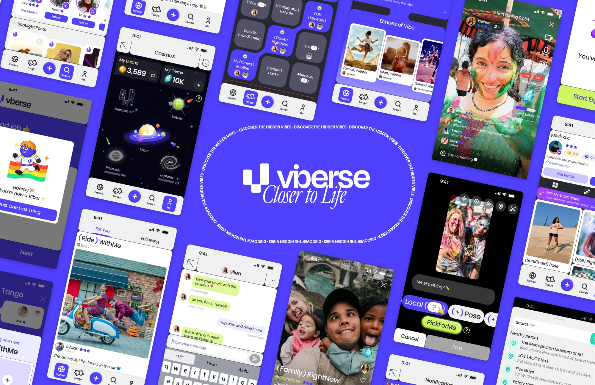 Viberse 的任務體驗畫面:任務清單、獎勵收集與社群動態